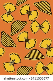 Italian pasta pattern. Hand drawn seamless background with sketch style farfalle pasta, and macaroni. llustration for cover design, food package, menu, background