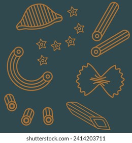 Italian pasta pattern. Hand drawn seamless background with sketch style farfalle pasta, and macaroni. llustration for cover design, food package, menu, background
