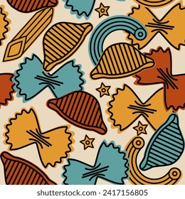 Italian pasta pattern. Hand drawn seamless background with sketch style farfalle pasta, and macaroni. llustration for cover design, food package, menu, background