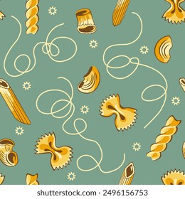 Italian pasta pattern. Hand drawn seamless background. Different italian pasta types. Editable vector illustration.