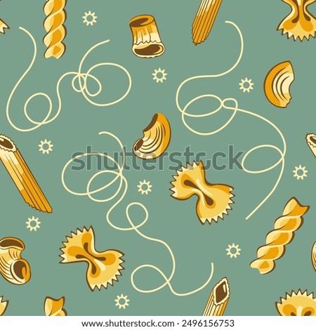 Italian pasta pattern. Hand drawn seamless background. Different italian pasta types. Editable vector illustration.
