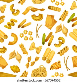 Italian pasta pattern. Torti and quadretti, bucatini and tricolore, konkiloni and cannelloni, kanelone and farfalle, lazania and funghetto, stelle and nidi di rondine tagliatelle. Spaghetti shop.