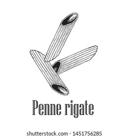 Italian pasta penne rigate. Hand drawn sketch style illustration of traditional italian food. Best for menu designs and packaging. Vector drawing isolated on white background.