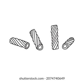 Italian pasta pipes or rigatoni fluted tubes, black line vector illustration isolated on white background. Kind of food made of dry extruded wheat dough.