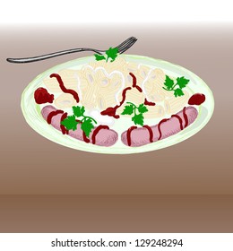 Italian pasta in the plate with fork. Vector illustration
