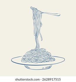 Italian pasta plate hand drawn ink sketch. Spaghetti on a plate, and fork with spaghetti. Italian food line art for poster, menu, greeting card, banner, postcard. Vintage macaroni vector illustration.