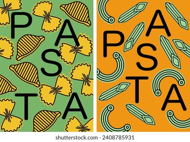 Italienische Pasta-Plakate. Handgezeichneter Hintergrund mit Farfalle-Nudeln im Skizzenstil und Makkaroni. Beschreibung für Cover-Design, Lebensmittelpaket, Menü, Hintergrund