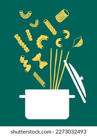 Italienische Nudeln im Topf flache Illustration. Pasta-Poster-Illustration. Moderner Druck für Menüdesign, Kochbücher, Einladungen, Grußkarten.