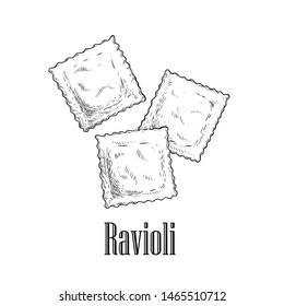 Italian pasta ravioli with meat or cheese inside. Hand drawn sketch style illustration of traditional italian food. Best for menu designs and packaging. Vector drawing isolated on white background.