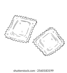 Italian pasta ravioli with meat or cheese inside. Hand drawn sketch style illustration of traditional italian food. Best for menu designs and packaging. Vector drawing isolated on white background.