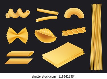 Italian pasta realistic icon. Traditional food spaghetti macaroni fusilli cooking yellow ingredients vector pictures isolated. Cooking italian spaghetti, collection menu macaroni pasta illustration