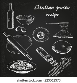 Italian Pasta  recipe vector sketch on chalkboard;