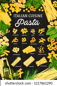 Italian pasta restaurant menu, traditional Italy cuisine. Vector pasta of conchiglieand lasagna, farfalle or orzo and rigatoni, penne with ditalini or fusilli maccheroni and linguine spaghetti