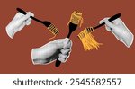 Italian pasta retro halftone collage 
with hands with forks and spaghetti. Vector illustration. 