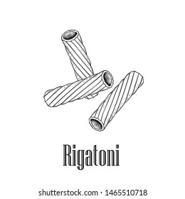 Italian pasta rigatoni. Hand drawn sketch style illustration of traditional italian food. Best for menu designs and packaging. Vector drawing isolated on white background.