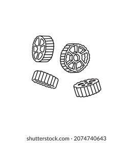 Italian pasta rotelle or mini wheels of ruote, hand drawn black line vector illustration isolated on white background. Kind of pasta in shape of wheels.