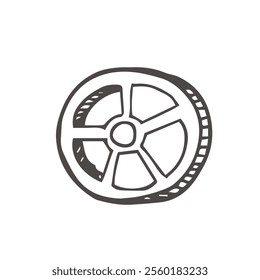 Italian pasta rotelle or mini wheels of ruote, hand drawn black line vector illustration isolated on white background. Kind of pasta in shape of wheels.