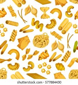 Italian pasta seamless pattern background of spaghetti, macaroni, noodle, fusilli, farfalle, penne, ravioli and lasagna. Italian cuisine restaurant menu, food packaging design