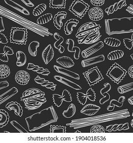 Italian pasta seamless pattern, black on white. Macaroni outline vector illustration. Italian food of ravioli, gnocchi, fettuccine or farfalle. Hand drawn pasta background with fusilli, rotelle.