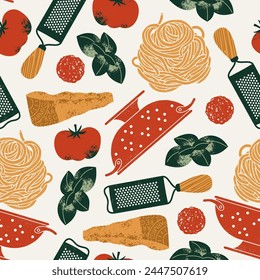 Italian pasta seamless pattern. Colander with spaghetti and tomato with basil and parmesan cheese. Vector illustration