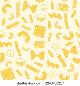 Italian pasta seamless pattern. Different types of Italian pasta. Spaghetti, Farfalle, penne, rigatoni, ravioli, fusilli,conchiglie, elbows, rotelle, orzo, paccheri illustration.