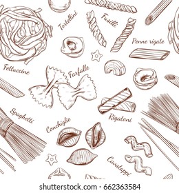  Italian Pasta seamless pattern. Different types of pasta. Vector hand drawn illustration. Isolated objects on white. Sketch style