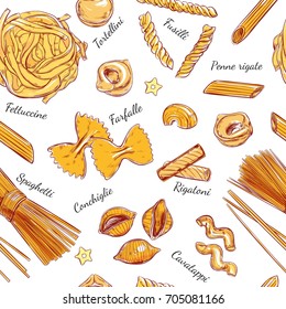 Italian Pasta seamless pattern. Different types of pasta. Vector hand drawn illustration. Isolated objects on white. Colorful.