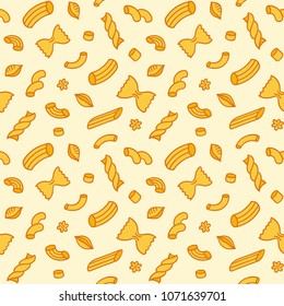 Italian pasta seamless pattern. Hand drawn doodle, different types of macaroni. Vector illustration.