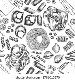 Italian pasta seamless pattern. Hand drawn vector food illustration. Engraved style. Vintage pasta different kinds background.