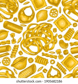 Italian pasta seamless pattern. Hand drawn vector food illustration. Vintage pasta different kinds background.