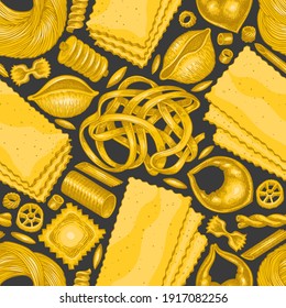 Italian pasta seamless pattern. Hand drawn vector food illustration. Vintage pasta different kinds background.