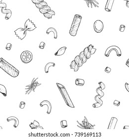 Italian pasta seamless pattern. Hand drawn vector illustration. Collection of pasta different types. Italian food design template. Engraved sketch style.