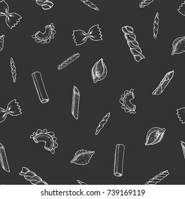 Italian pasta seamless pattern. Hand drawn vector illustration. Collection of pasta different types. Italian food design template. Engraved sketch style.