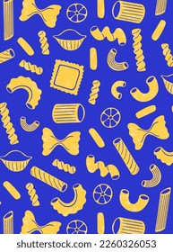 Italian pasta seamless pattern isolated on blue background. Different types of pasta. Spaghetti, Farfalle, penne, rigatoni, ravioli, fusilli,conchiglie, elbows, rotelle, orzo, paccheri illustration.