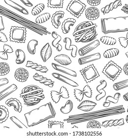 Italian pasta seamless pattern. Macaroni outline vector illustration. Italian food of ravioli, gnocchi, fettuccine or farfalle. Hand drawn pasta background with fusilli, rotelle, create and conchiglie