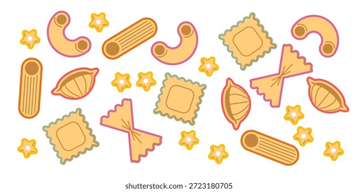 Massa italiana padrão sem emenda no fundo branco. Ilustração vetorial de ravioli de trigo desenhado à mão, stelline, farfalle, macarrão espalhado na superfície, pacote de comida estilo retro, design de menu de restaurante