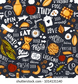 Italian pasta Seamless pattern with sketch Spaghetti, olive oil and hand drawn lettering. Template for modern menu