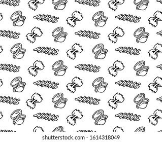 Italian pasta seamless vector pattern. Doodle food. Different sorts of pasta . Farfalle. Fusilli. 
