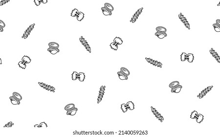 Italian pasta seamless vector pattern. Doodle food. Different sorts of pasta . Farfalle. Fusilli