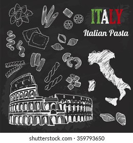 Italian pasta set, collection of Italian architecture, food, map of Italy, lettering. Chalkboard background