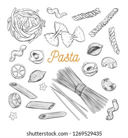 Italian Pasta set. Different types of pasta. Vector hand drawn illustration. Isolated objects on white. Sketch style