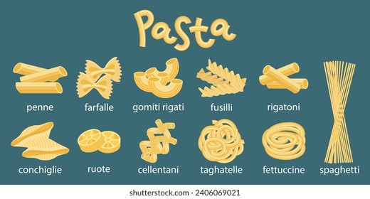 Italian pasta set. Different types of Italian pasta. Italian cuisine, icons, vector