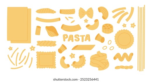 Italienisches Pasta-Set. Verschiedene Arten von Makkaroni. Handgezeichnete Vektorgrafik.