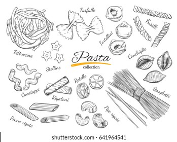 Italian Pasta set. Different types of pasta. Vector hand drawn illustration. Isolated objects on white. Sketch style