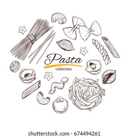 Italian Pasta set. Different types of pasta. Vector hand drawn illustration. Isolated objects on white. Sketch style