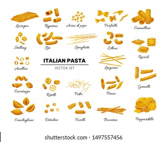 Italian pasta set in flat cartoon style. Isolated elements for italian cusine decoration, labels, designs. Vector illustration on white