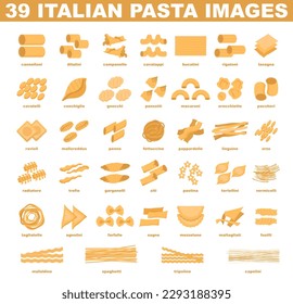 Italian pasta set. Simple traditional food of different shapes and names. Semi-processed noodles collection. Flat vector illustration