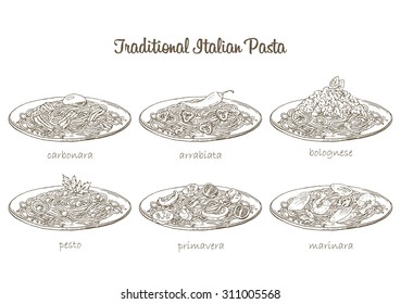 Italian pasta set. Traditional sauce and spaghetti. Vector hand drawn food.