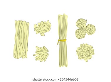 Set de pasta italiana, Vector lineal plumas de macarrones, cuernos, espagueti, vermicelli, estrellas, mariposas. Alimentos hechos de masa de trigo. Producto alimenticio. Guarnición. Comestibles. Vector hecho a mano, no IA.