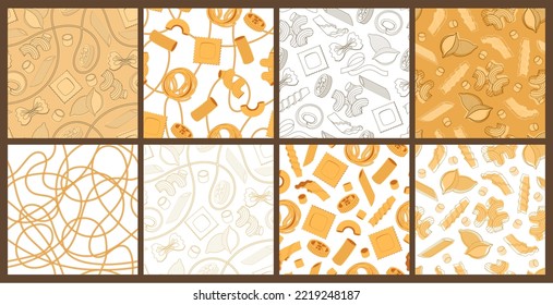 La pasta italiana da forma a los patrones. Espagueti, ravioli y farfalle fondo. Macaroni, rotini y conchiglie fondo de cocina sin soldadura vectorial conjunto de spaghetti pasta patrón ilustración